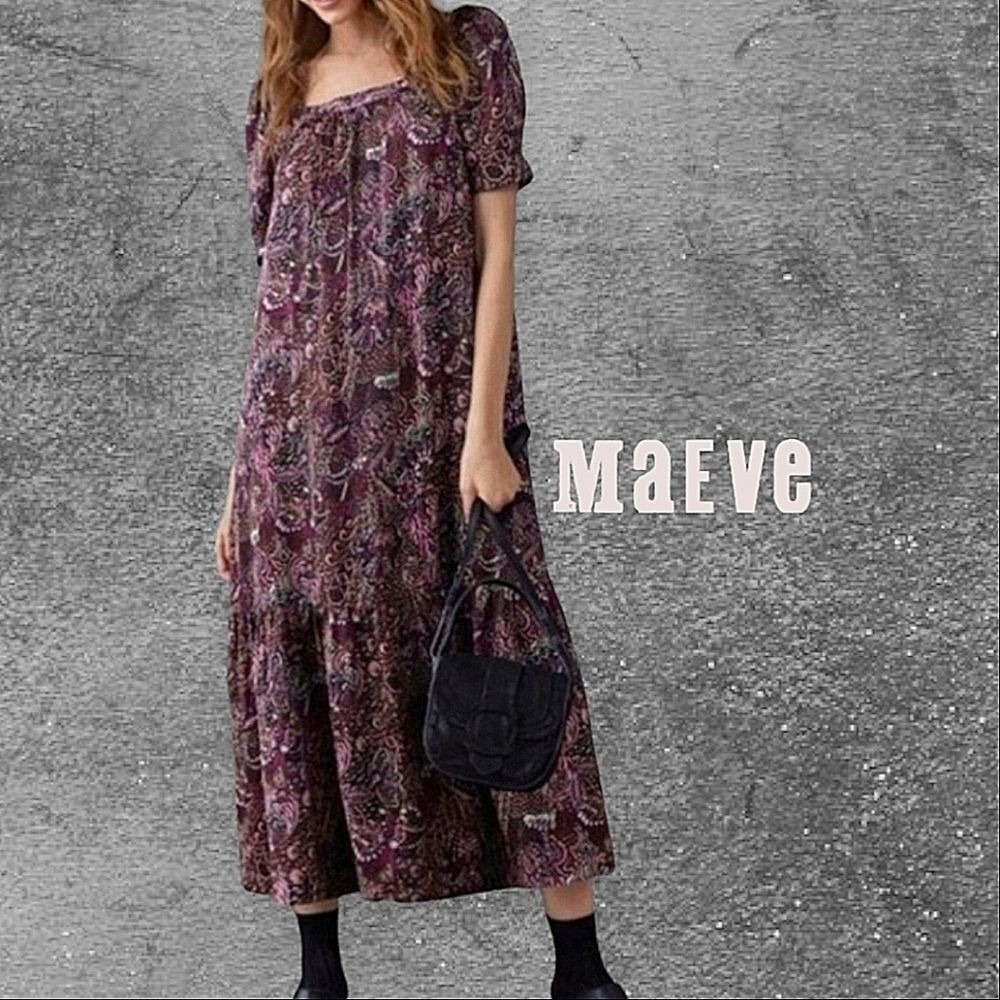 Maeve‎ Anthropologie Paisley Tiered Midi Dress Womens Puff Sleeve Purple XS
